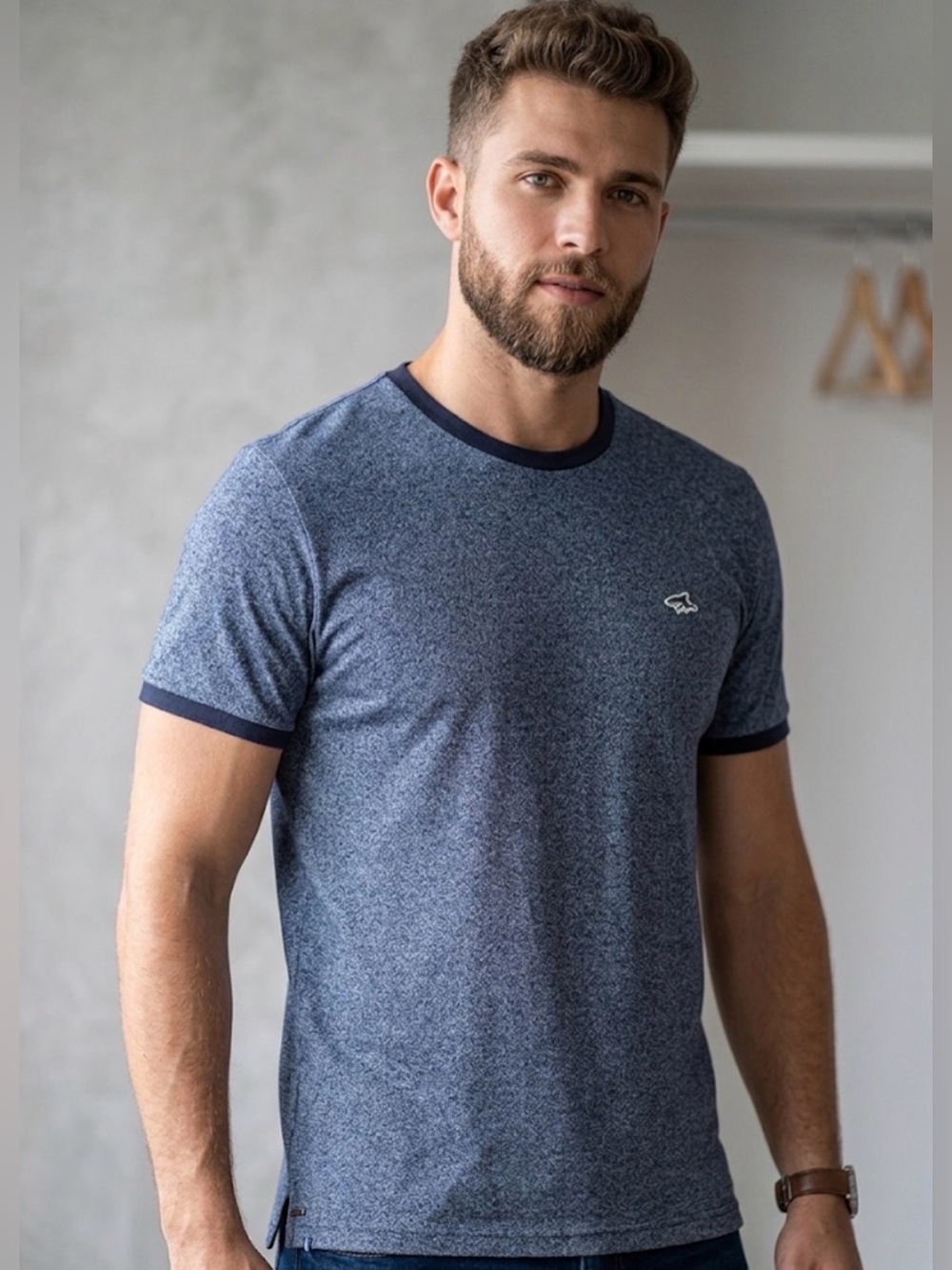 Shark Navy Heather Crewneck Short Sleeve Tee with Contrast Trim
